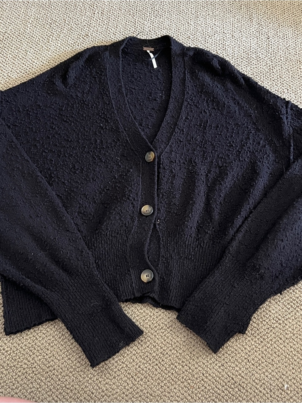 Free People Black Textured V-Neck Button Front Women's Sweater/Cardigan-small